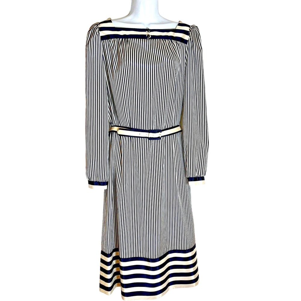 Nardis of Dallas Vintage Womens 12 Navy/Cream Striped Long Sleeve‎ Belted Dress